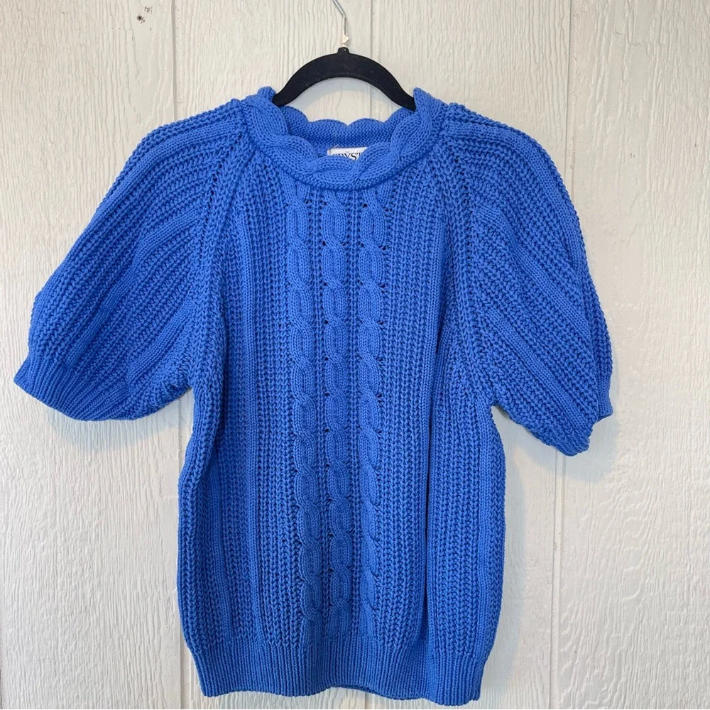 CRYSTAL~Wonderful Blue Cable-Knit Puff Sleeve Sweater~Check Out That Collar! Med